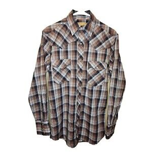 Wrangler Shirt Mens S Small Pearl Snap Long Sleeve Plaid Western Brown